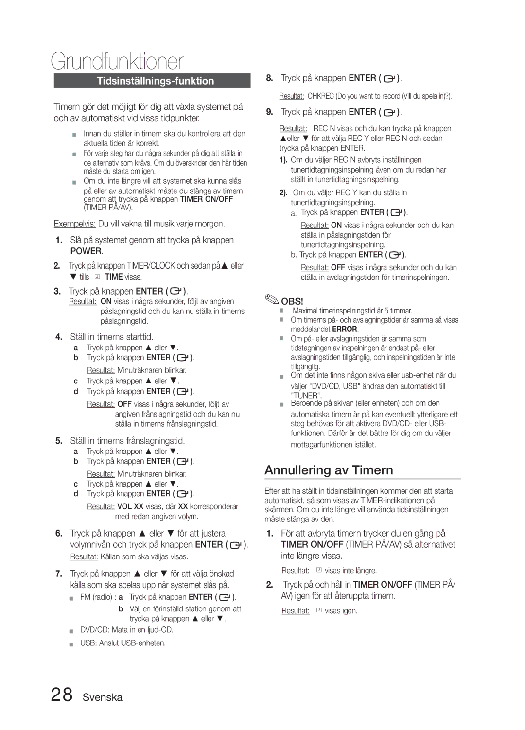 Samsung MM-E330D/XE manual Annullering av Timern, Tidsinställnings-funktion, Power, Ställ in timerns starttid 