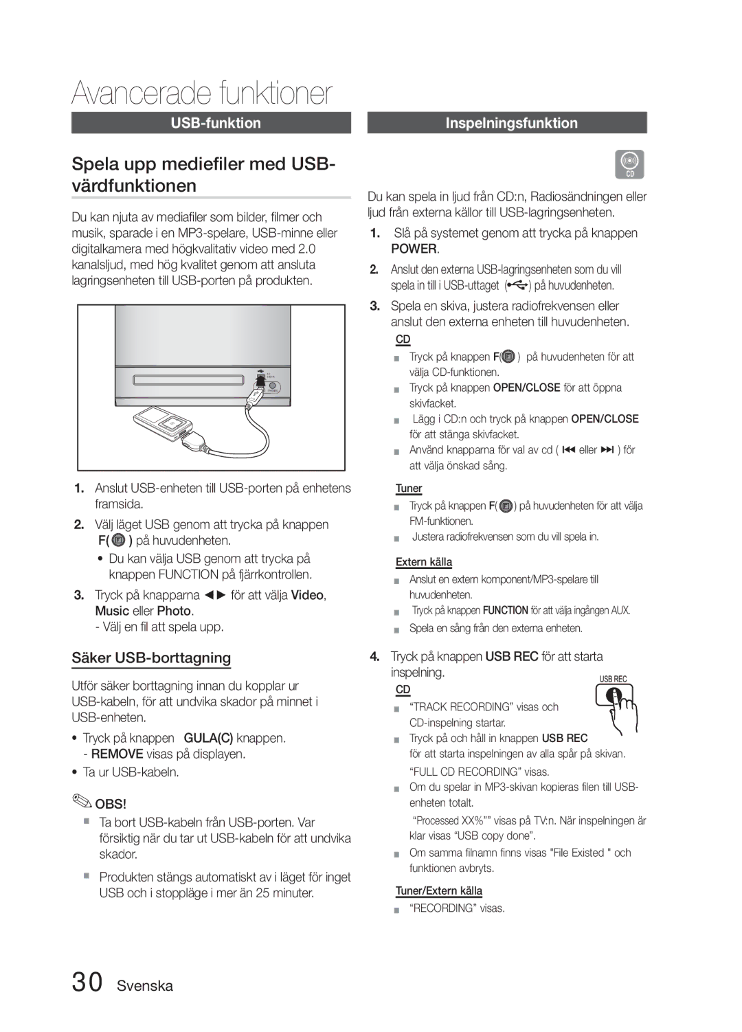 Samsung MM-E330D/XE Spela upp mediefiler med USB- värdfunktionen, USB-funktion, Säker USB-borttagning, Inspelningsfunktion 