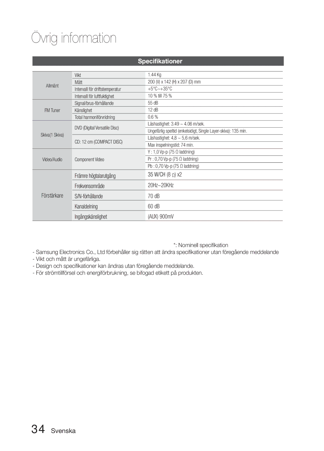 Samsung MM-E330D/XE manual Specifikationer, Förstärkare Främre högtalarutgång 