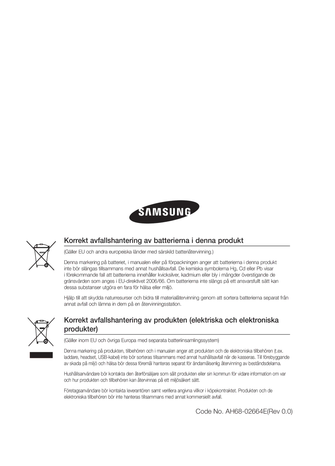 Samsung MM-E330D/XE manual Korrekt avfallshantering av batterierna i denna produkt, Code No. AH68-02664ERev 