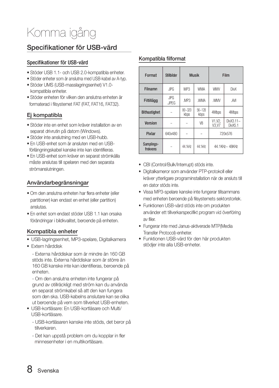 Samsung MM-E330D/XE manual Specifikationer för USB-värd 