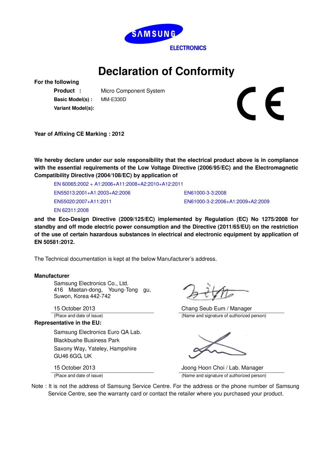 Samsung MM-E330D/EN manual Declaration of Conformity, For the following, Manufacturer, Representative in the EU 