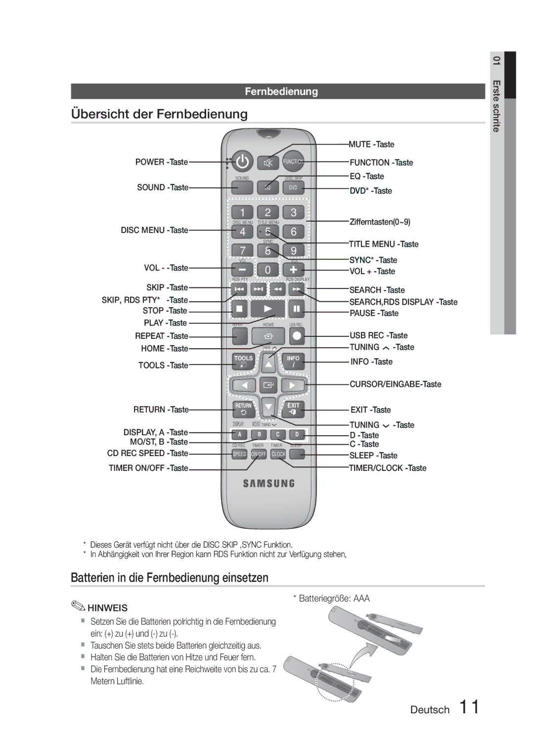 Samsung MM-E330D/ZF, MM-E330D/XN Übersicht der Fernbedienung, Batterien in die Fernbedienung einsetzen, Batteriegröße AAA 