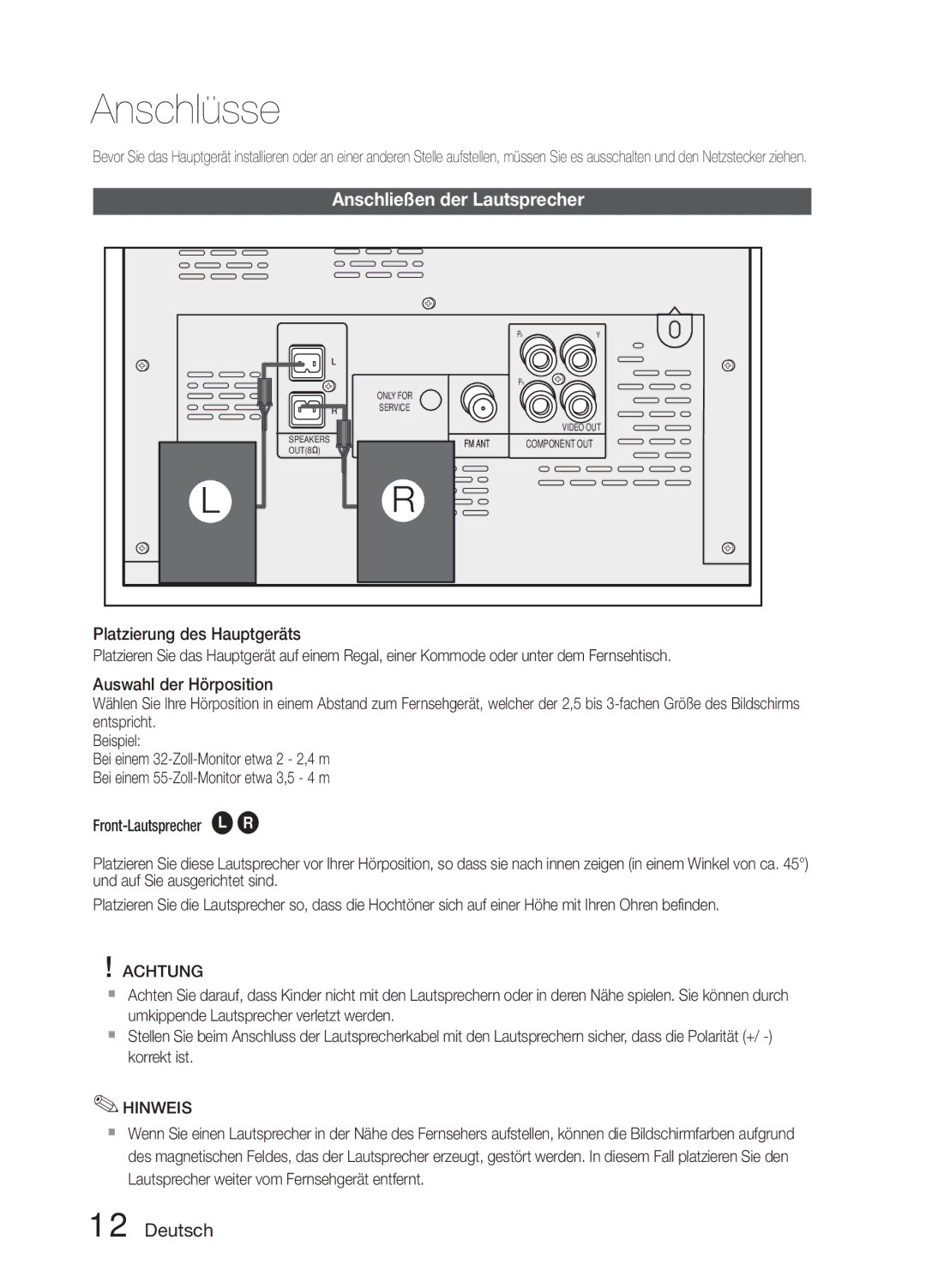 Samsung MM-E330D/XN, MM-E330D/EN, MM-E330D/ZF manual Anschlüsse, Anschließen der Lautsprecher 