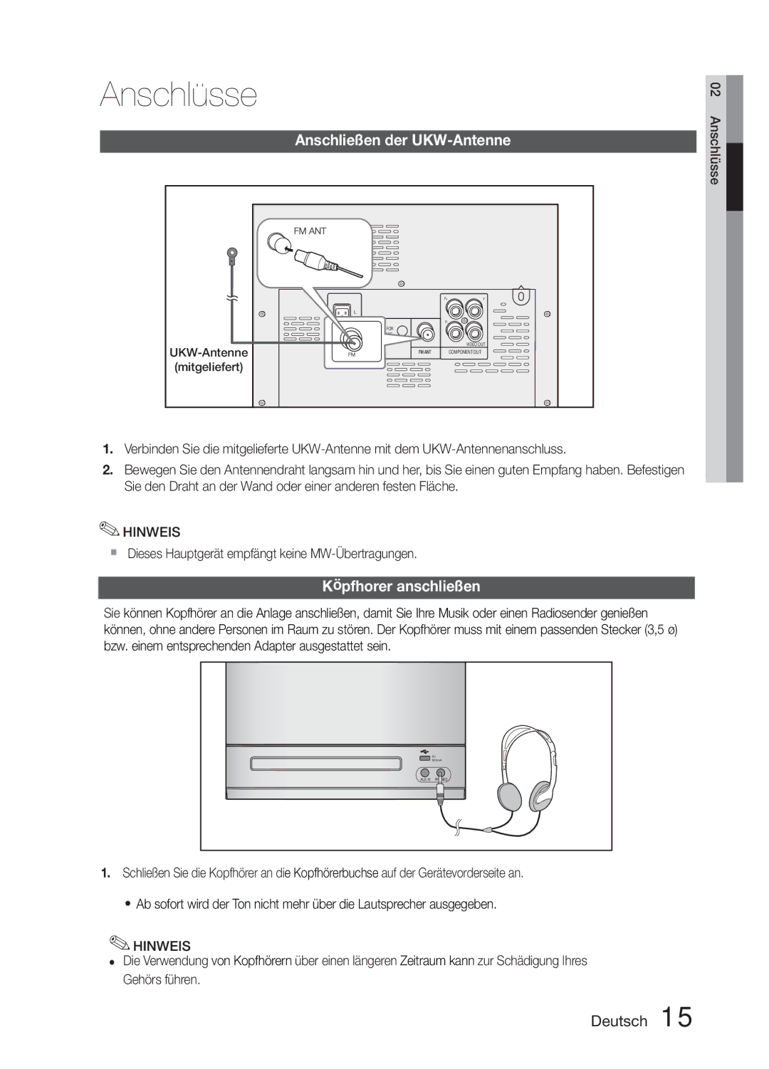 Samsung MM-E330D/XN, MM-E330D/EN, MM-E330D/ZF Anschließen der UKW-Antenne, Köpfhorer anschließen, UKW-Antenne Mitgeliefert 