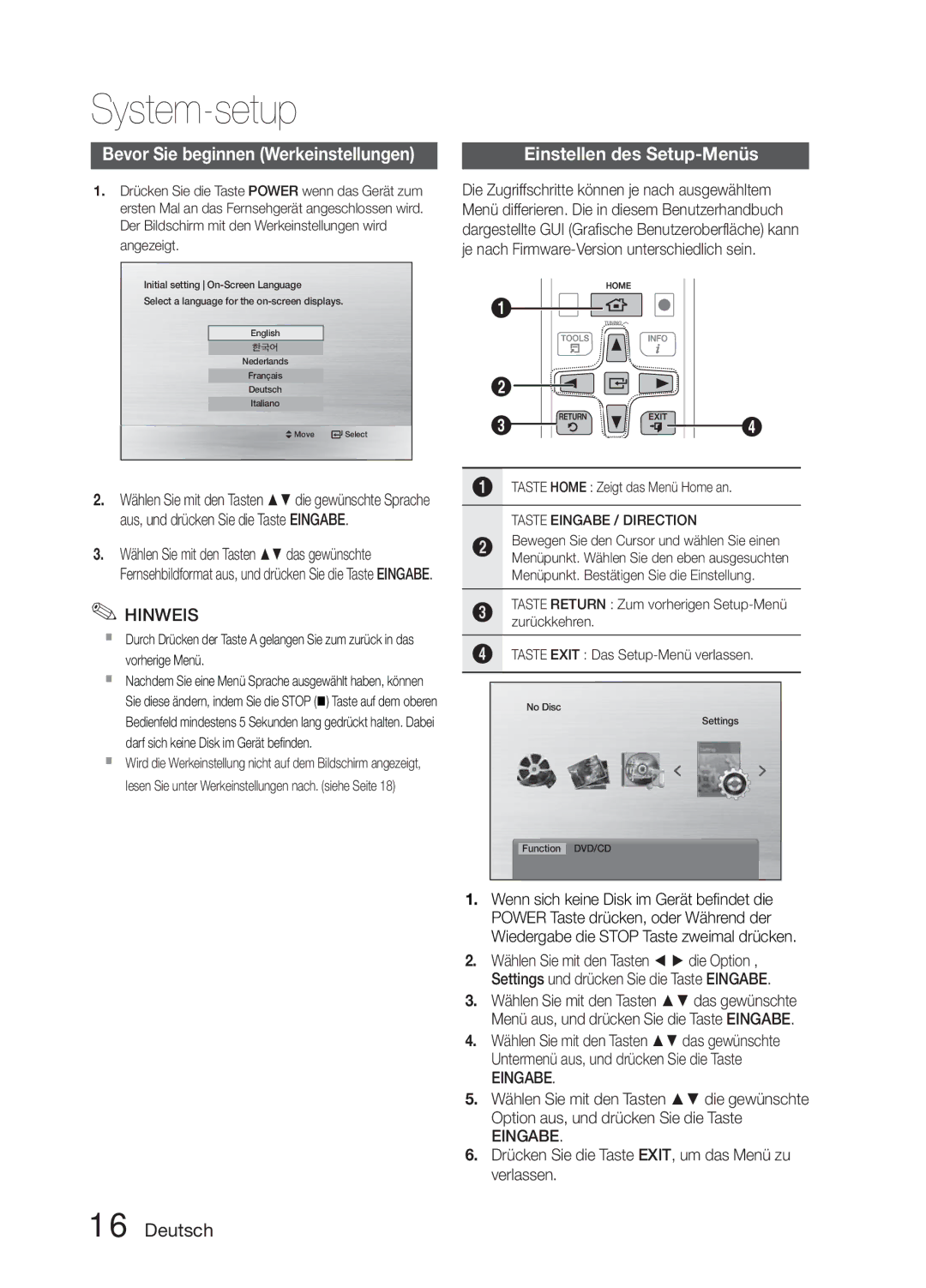 Samsung MM-E330D/EN, MM-E330D/XN manual System-setup, Bevor Sie beginnen Werkeinstellungen, Einstellen des Setup-Menüs 