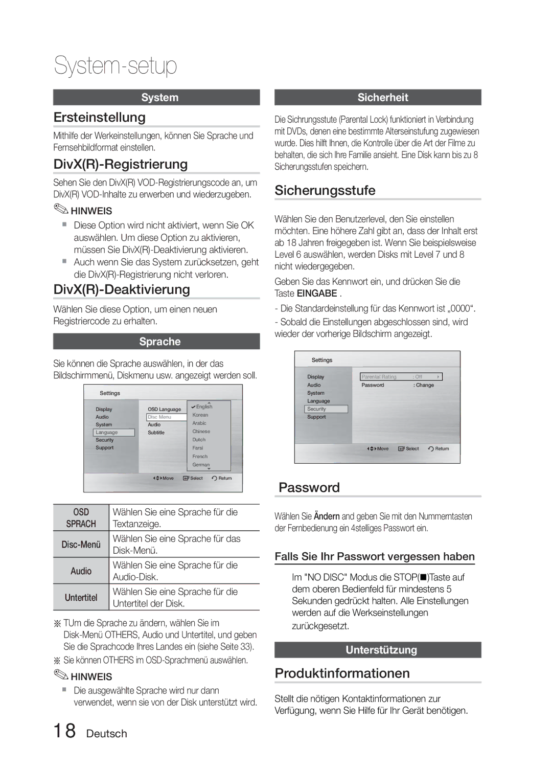 Samsung MM-E330D/XN, MM-E330D/EN manual Ersteinstellung, DivXR-Registrierung, DivXR-Deaktivierung, Sicherungsstufe, Password 