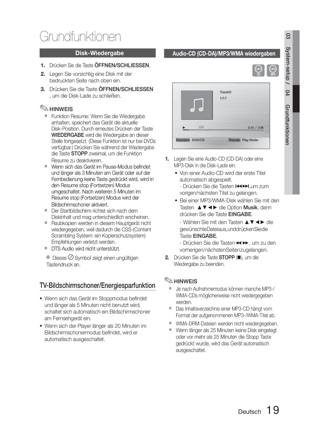 Samsung MM-E330D/EN, MM-E330D/XN, MM-E330D/ZF Grundfunktionen, Disk-Wiedergabe, TV-Bildschirmschoner/Energiesparfunktion 