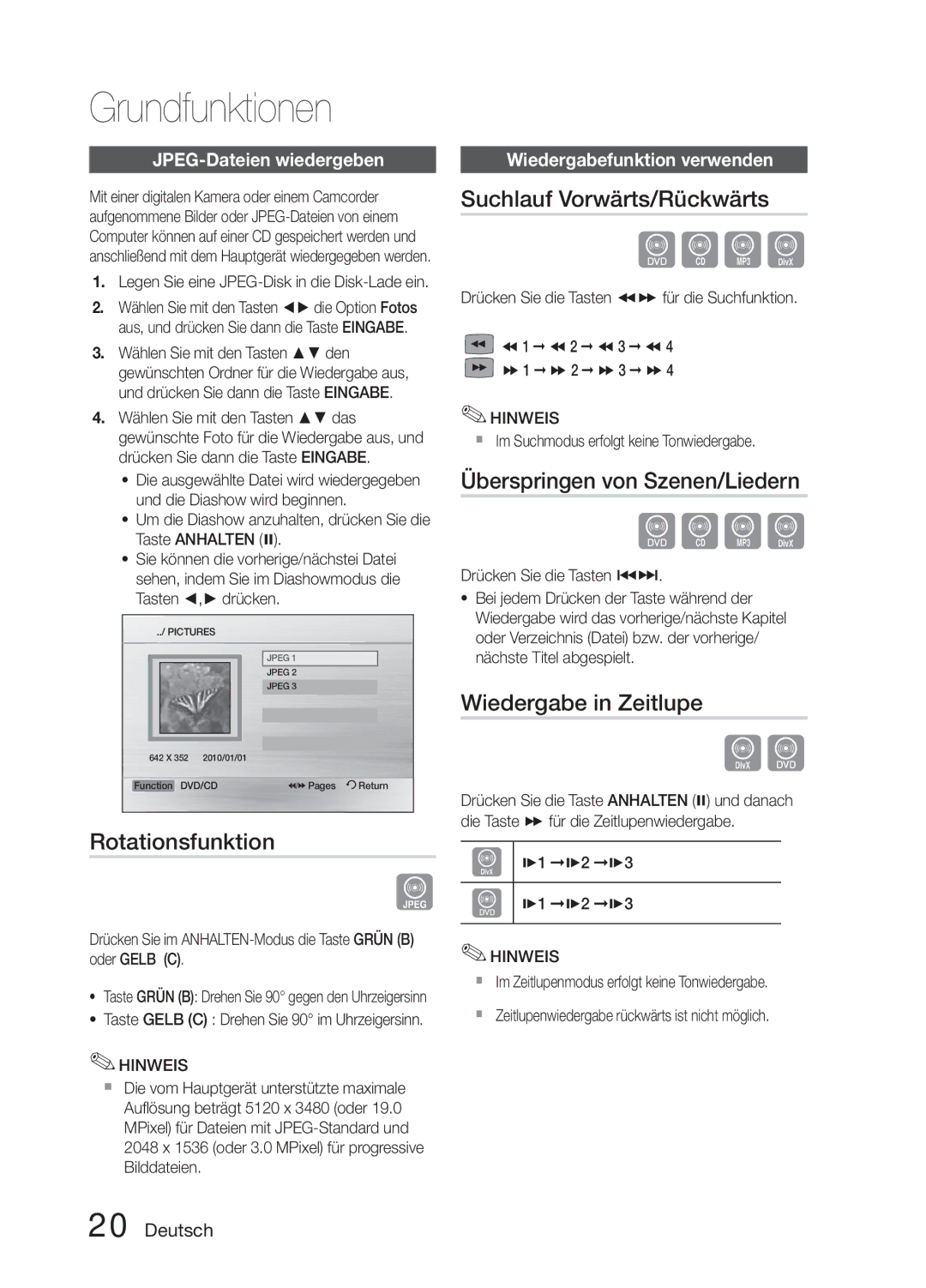 Samsung MM-E330D/ZF, MM-E330D/XN manual Rotationsfunktion, Suchlauf Vorwärts/Rückwärts, Überspringen von Szenen/Liedern 