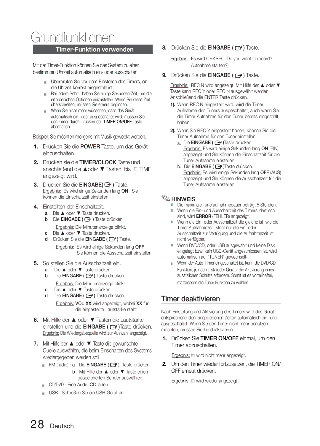 Samsung MM-E330D/EN manual Timer deaktivieren, Einstellten der Einschaltzeit, Mit Hilfe der oder Tasten die Lautstärke 