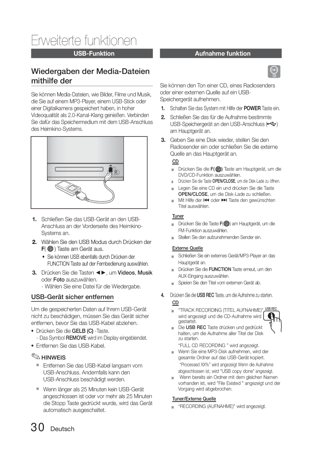 Samsung MM-E330D/XN, MM-E330D/EN manual Wiedergaben der Media-Dateien mithilfe der, USB-Funktion, USB-Gerät sicher entfernen 