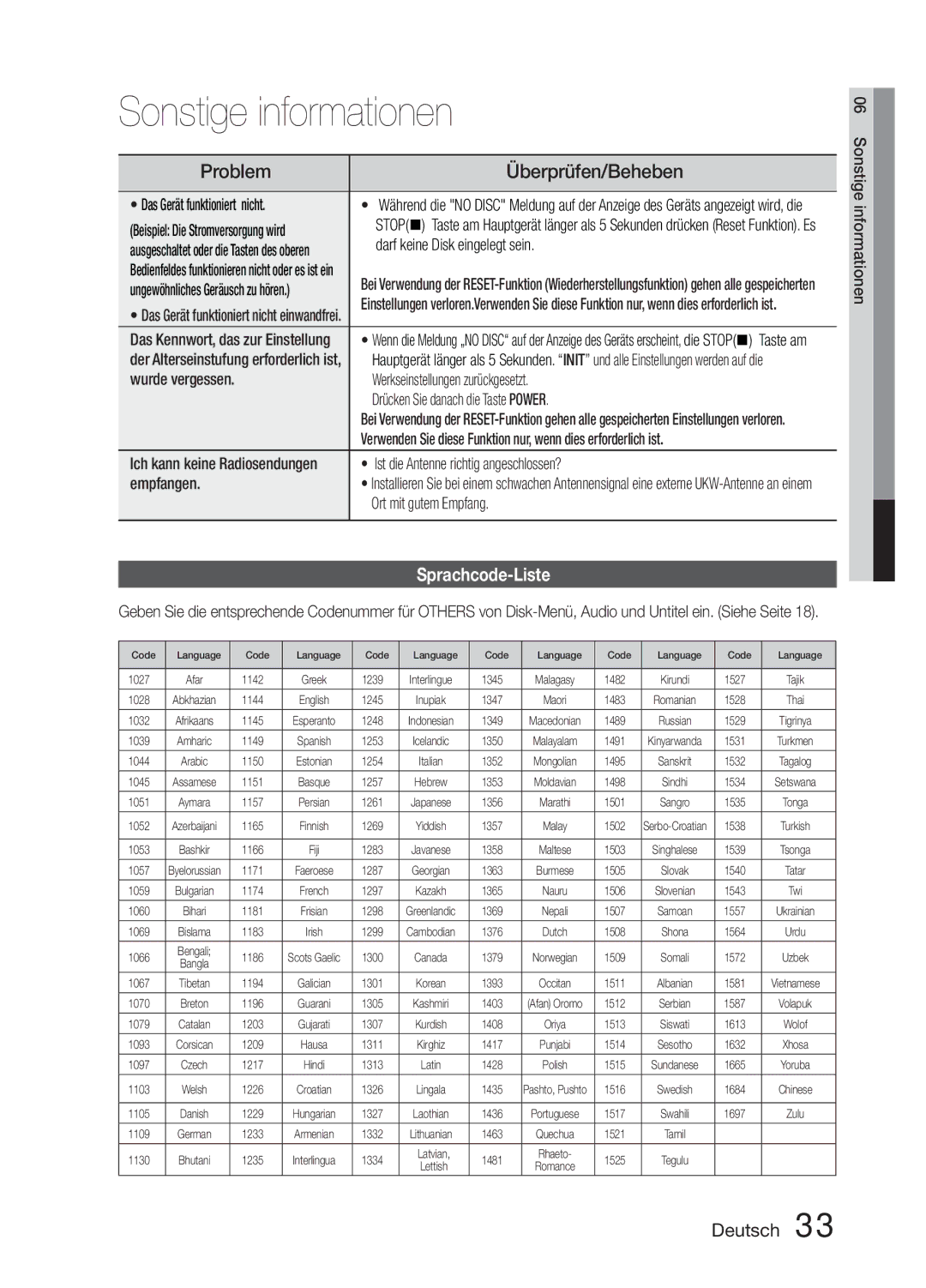 Samsung MM-E330D/XN manual Sprachcode-Liste, Ist die Antenne richtig angeschlossen?, Empfangen, Ort mit gutem Empfang 