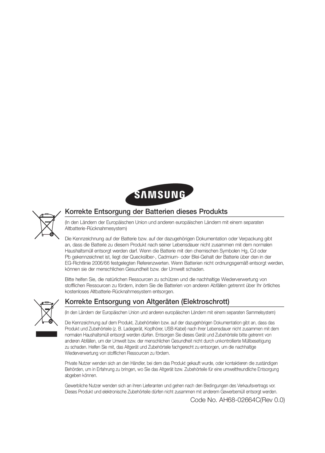 Samsung MM-E330D/XN, MM-E330D/EN, MM-E330D/ZF Korrekte Entsorgung der Batterien dieses Produkts, Code No. AH68-02664CRev 