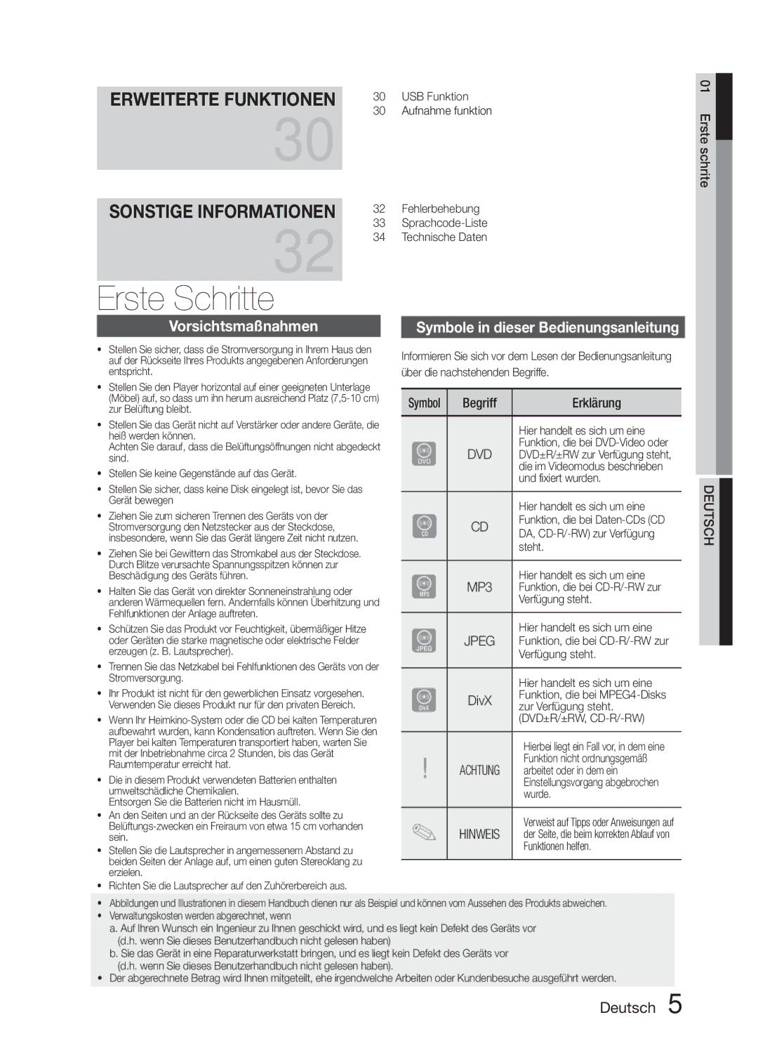 Samsung MM-E330D/ZF, MM-E330D/XN, MM-E330D/EN manual Erste Schritte, Vorsichtsmaßnahmen, Erklärung 