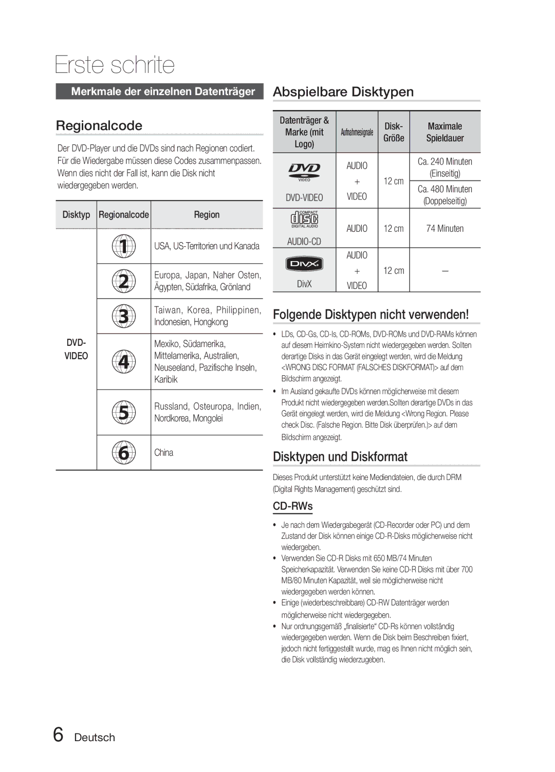 Samsung MM-E330D/XN, MM-E330D/EN Erste schrite, Regionalcode, Folgende Disktypen nicht verwenden, Disktypen und Diskformat 