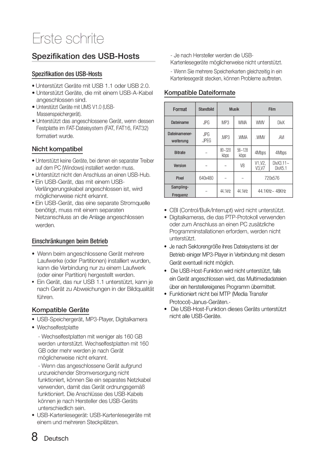 Samsung MM-E330D/ZF, MM-E330D/XN, MM-E330D/EN manual Spezifikation des USB-Hosts 