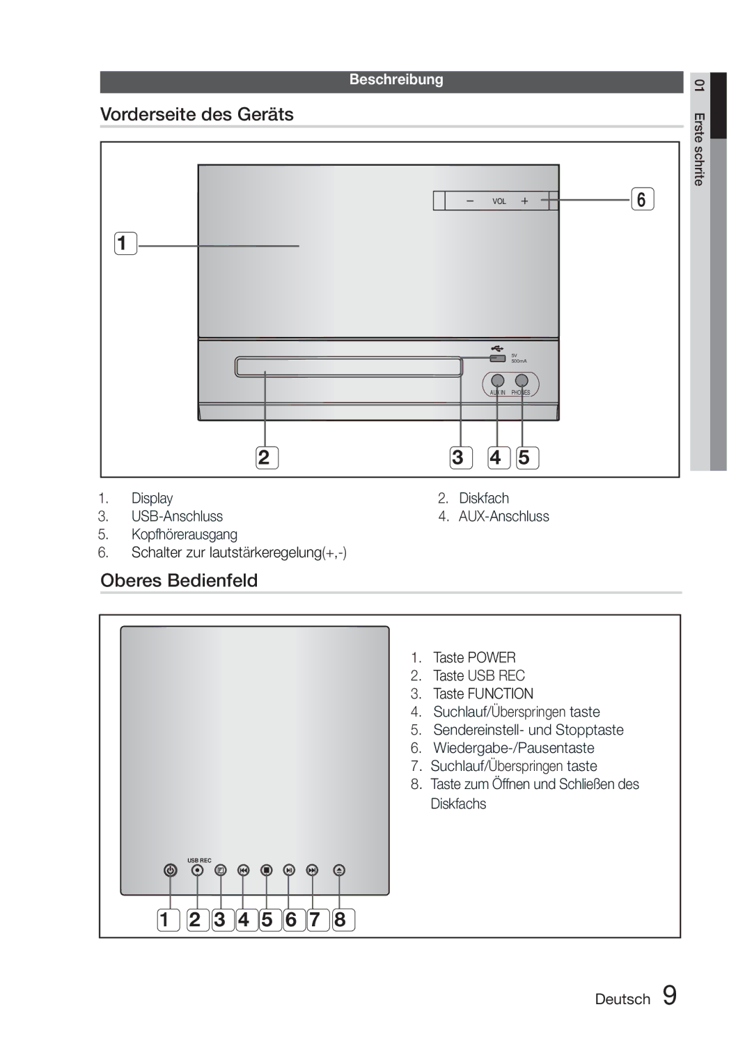 Samsung MM-E330D/XN, MM-E330D/EN Vorderseite des Geräts, Oberes Bedienfeld, Taste USB REC, Suchlauf/Überspringen taste 