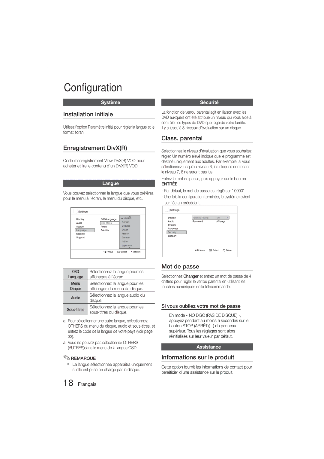 Samsung MM-E330D/ZF manual Installation initiale, Enregistrement DivXR, Class. parental, Mot de passe 