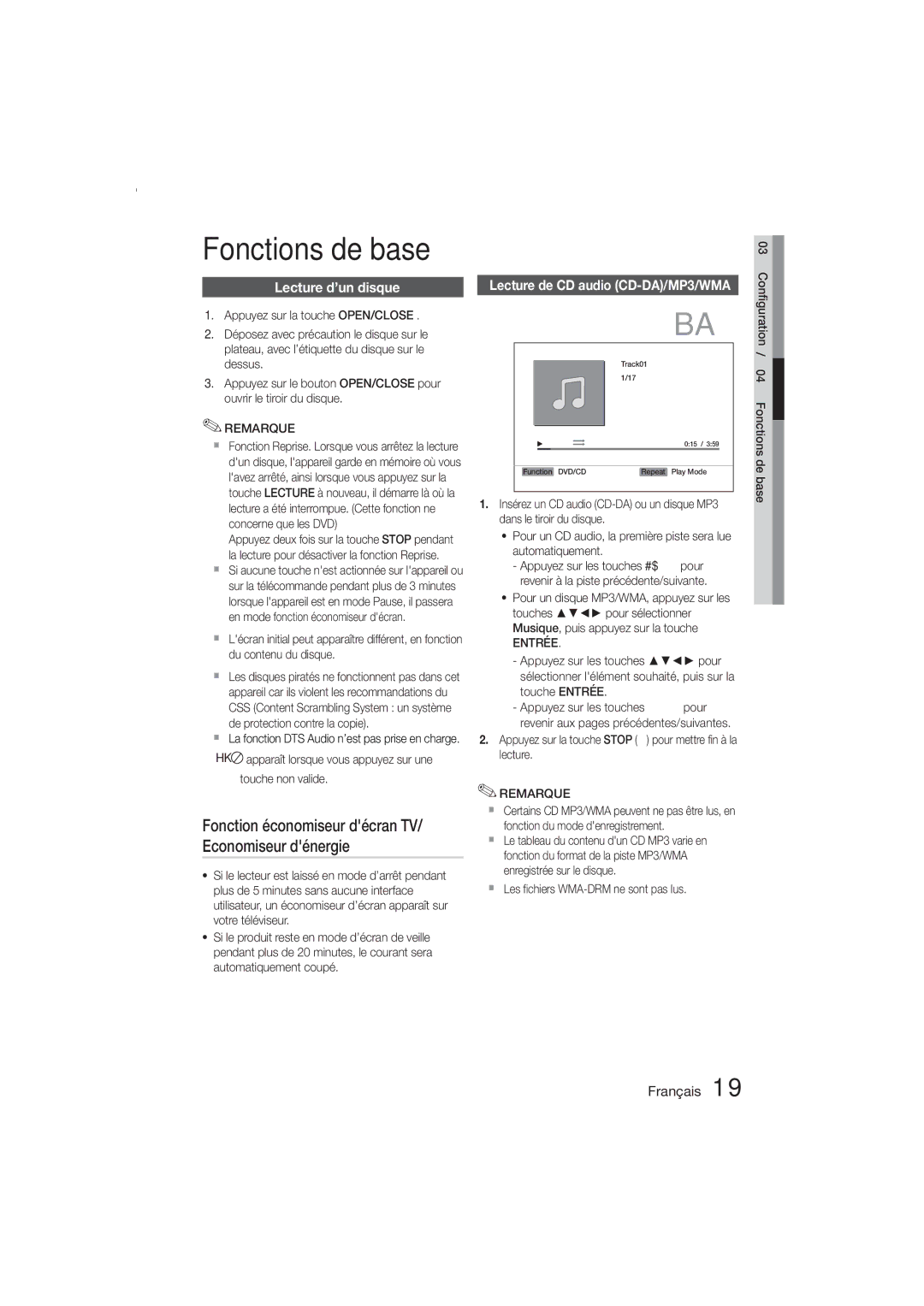 Samsung MM-E330D/ZF manual Fonctions de base, Lecture d’un disque 