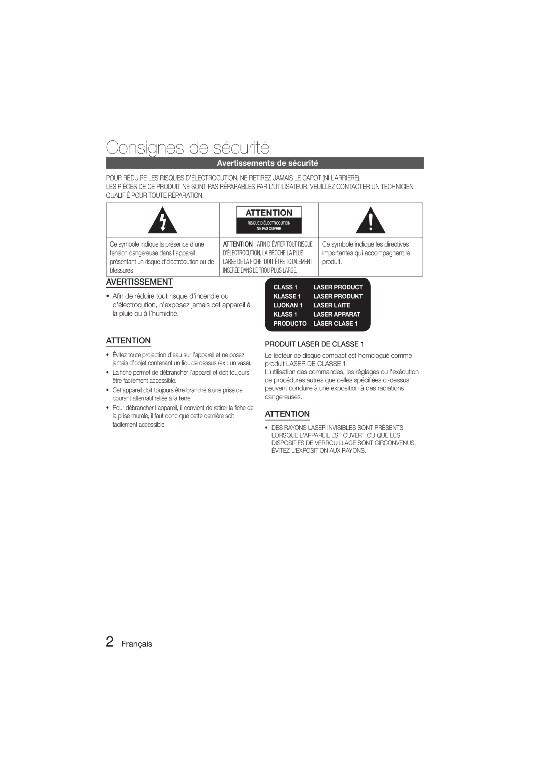 Samsung MM-E330D/ZF manual Consignes de sécurité, Avertissements de sécurité, Français, Produit, Blessures 