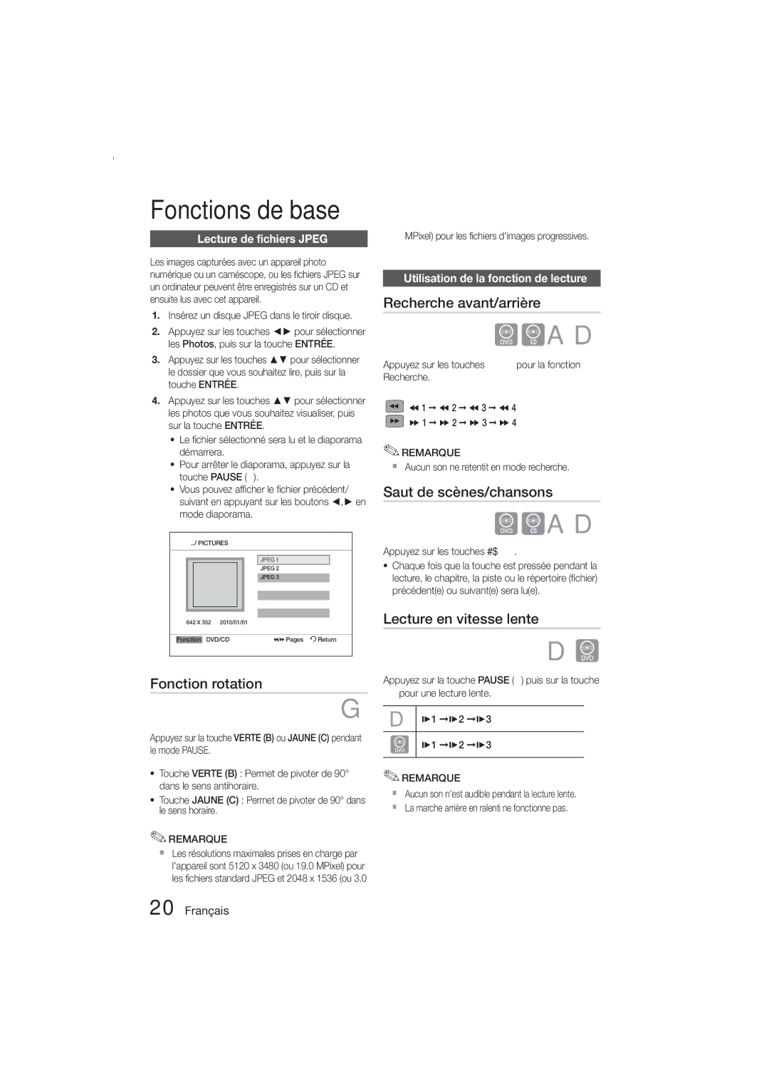 Samsung MM-E330D/ZF manual Fonction rotation, Recherche avant/arrière, Saut de scènes/chansons, Lecture en vitesse lente 