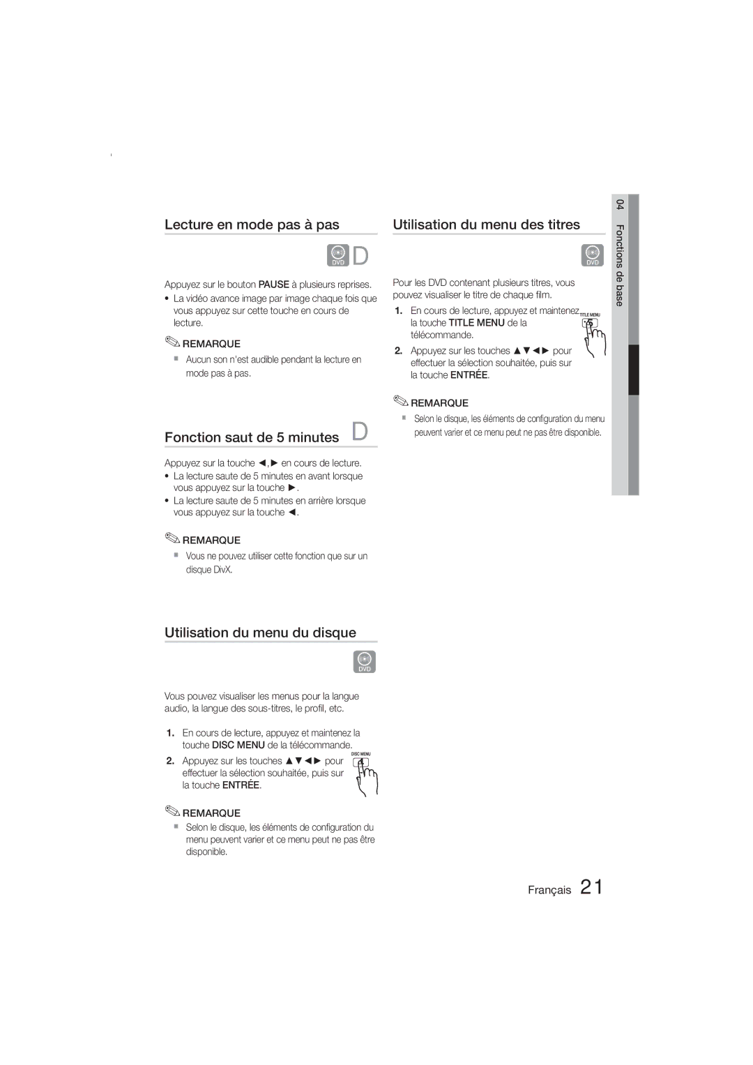 Samsung MM-E330D/ZF manual Lecture en mode pas à pas, Fonction saut de 5 minutes D, Utilisation du menu des titres 