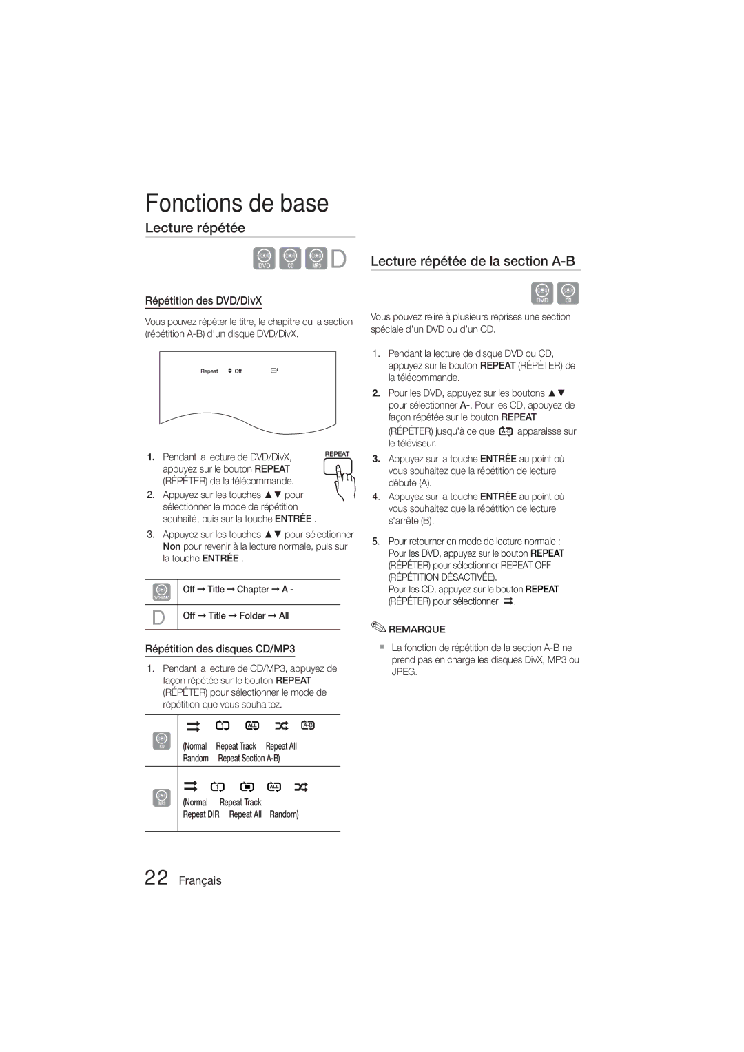 Samsung MM-E330D/ZF manual Lecture répétée de la section A-B, Répétition des DVD/DivX, Répétition des disques CD/MP3 