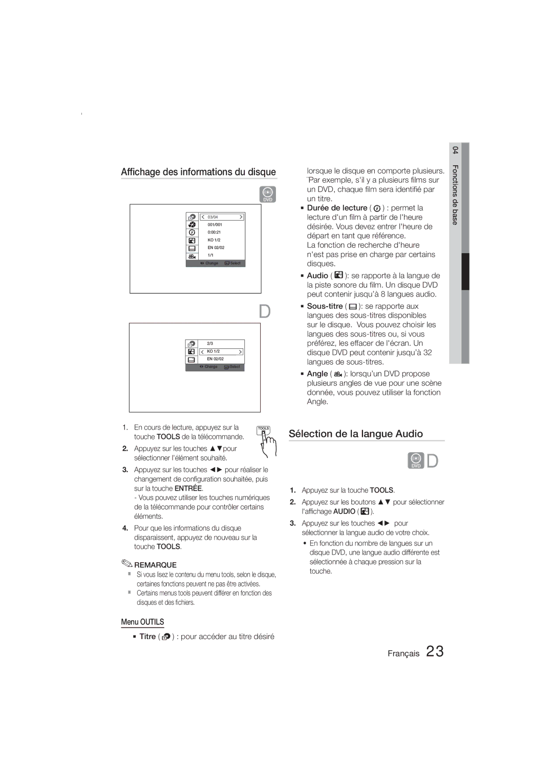 Samsung MM-E330D/ZF manual Affichage des informations du disque, Sélection de la langue Audio, Menu Outils 