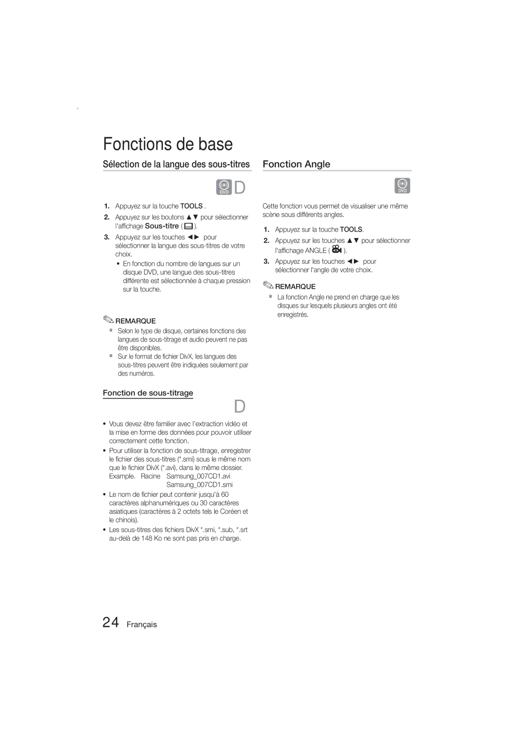 Samsung MM-E330D/ZF manual Fonction Angle, Fonction de sous-titrage, Appuyez sur la touche Tools 