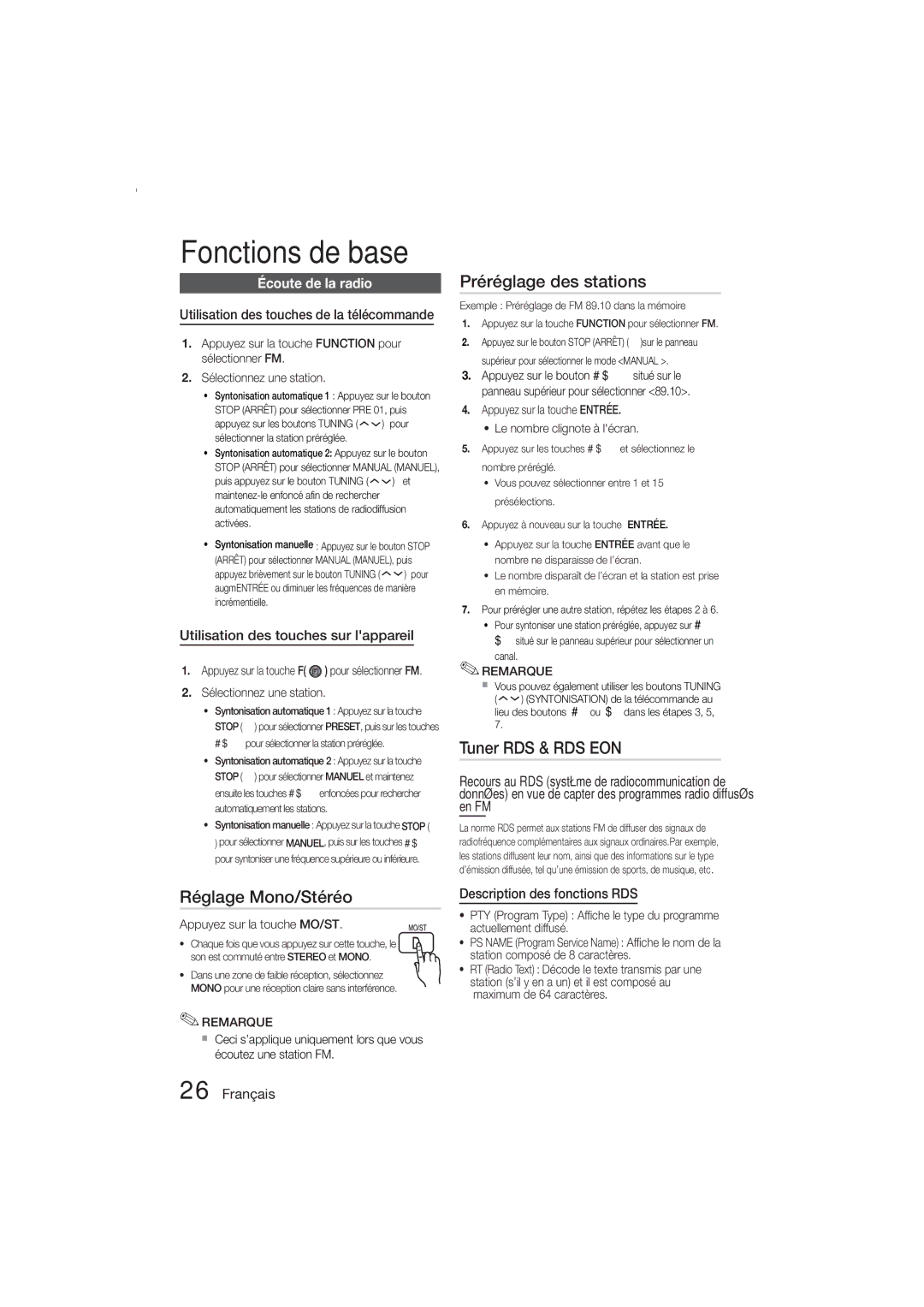 Samsung MM-E330D/ZF manual Préréglage des stations, Tuner RDS & RDS EON, Réglage Mono/Stéréo, Écoute de la radio 