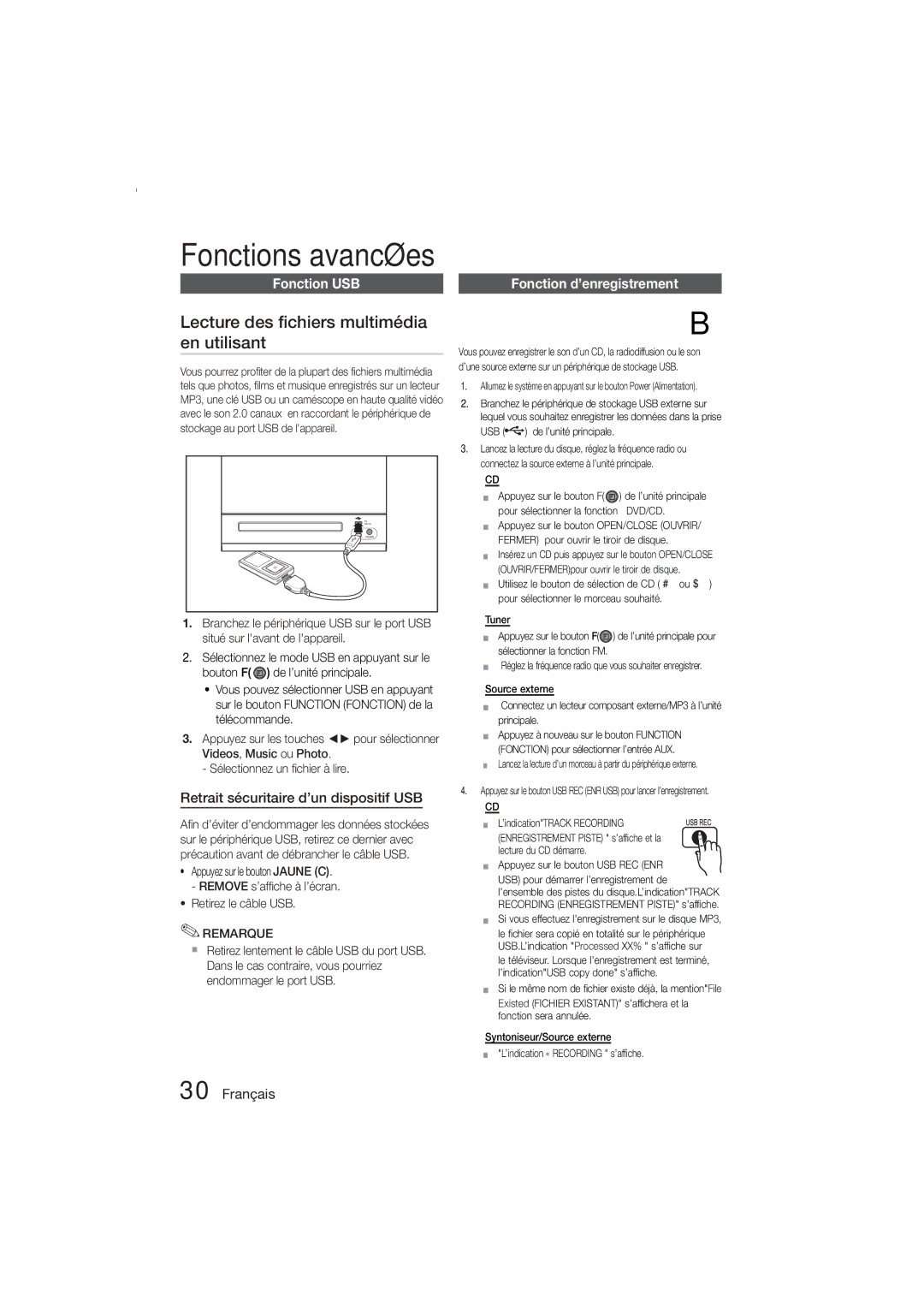 Samsung MM-E330D/ZF Lecture des fichiers multimédia en utilisant, Fonction USB, Retrait sécuritaire d’un dispositif USB 