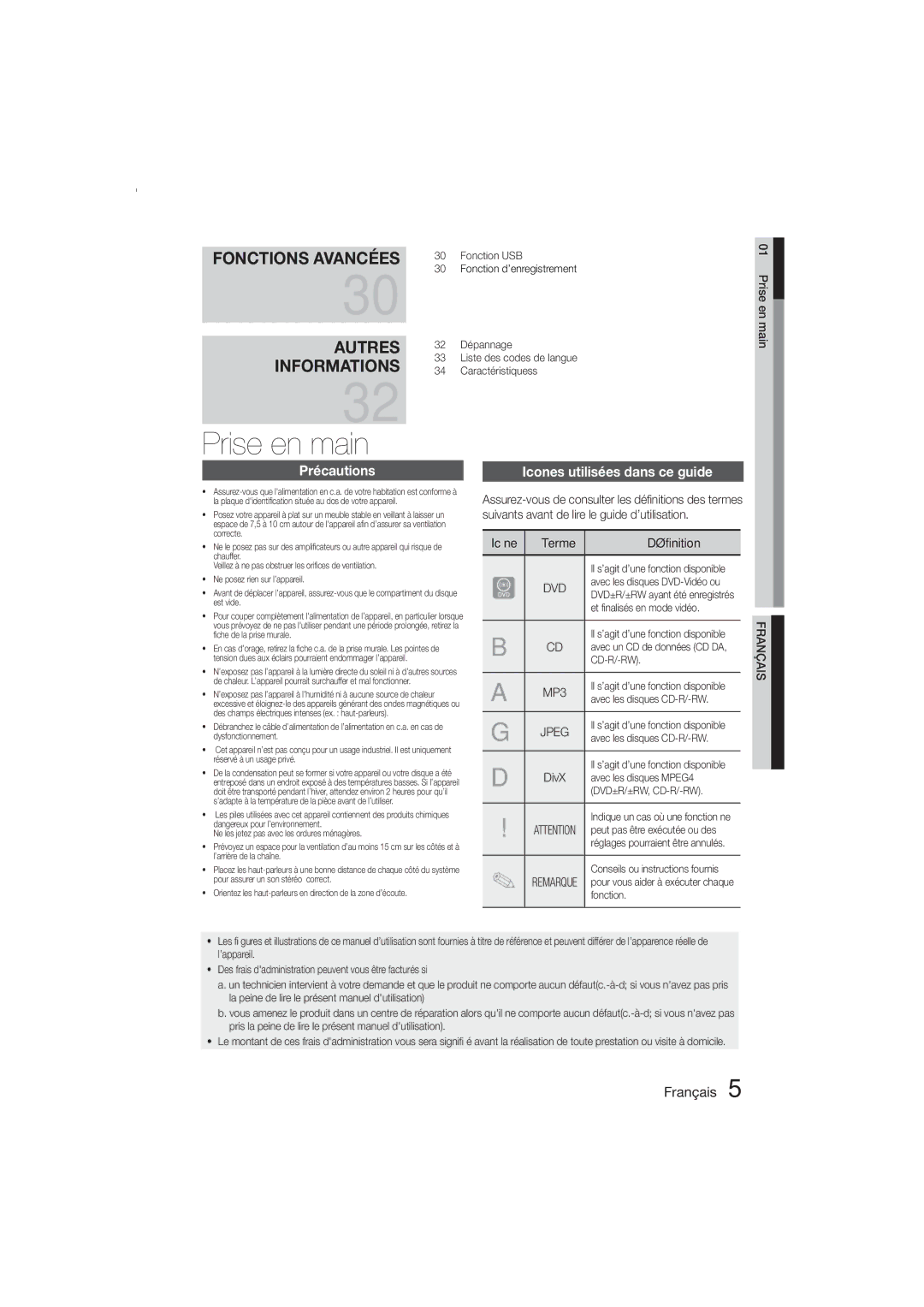 Samsung MM-E330D/ZF manual Prise en main, Icones utilisées dans ce guide, Icône Terme 