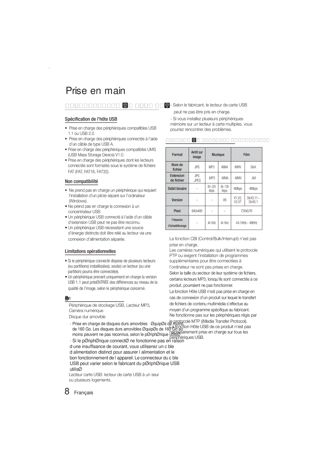 Samsung MM-E330D/ZF manual Spécification de l’hôte USB, Non compatibilité, Limitations opérationnelles 