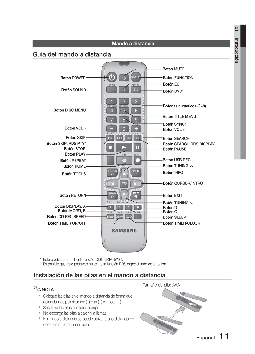 Samsung MM-E330D/ZF manual Guía del mando a distancia, Instalación de las pilas en el mando a distancia, Mando a distancia 