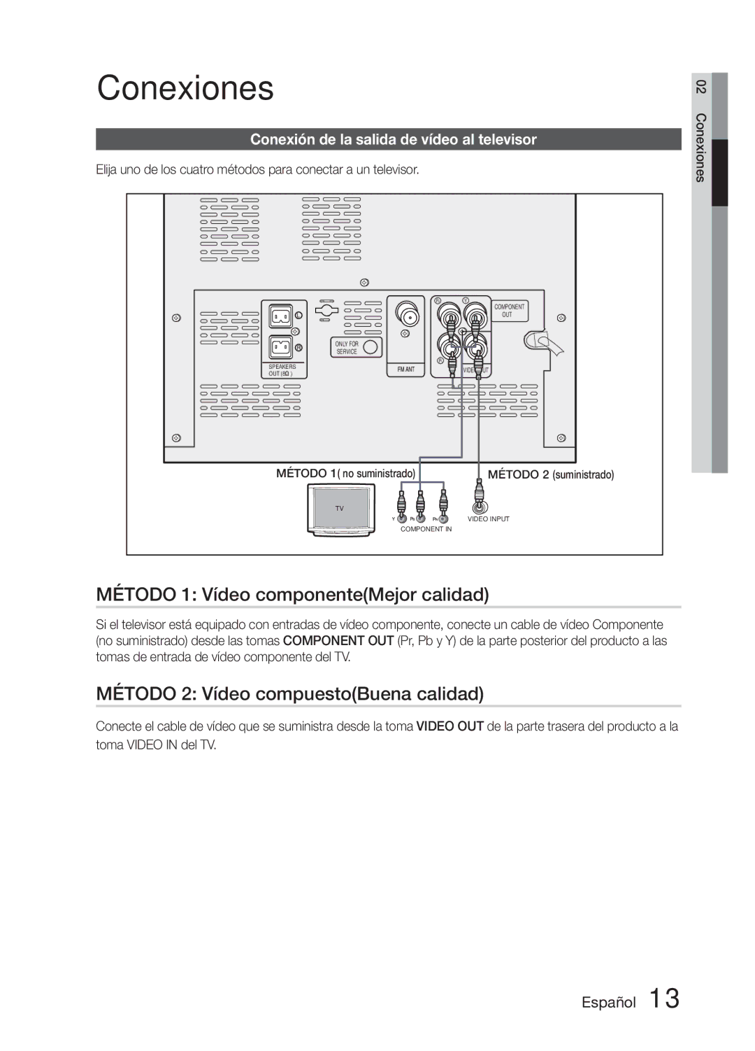 Samsung MM-E330D/ZF manual Método 1 Vídeo componenteMejor calidad, Método 2 Vídeo compuestoBuena calidad 