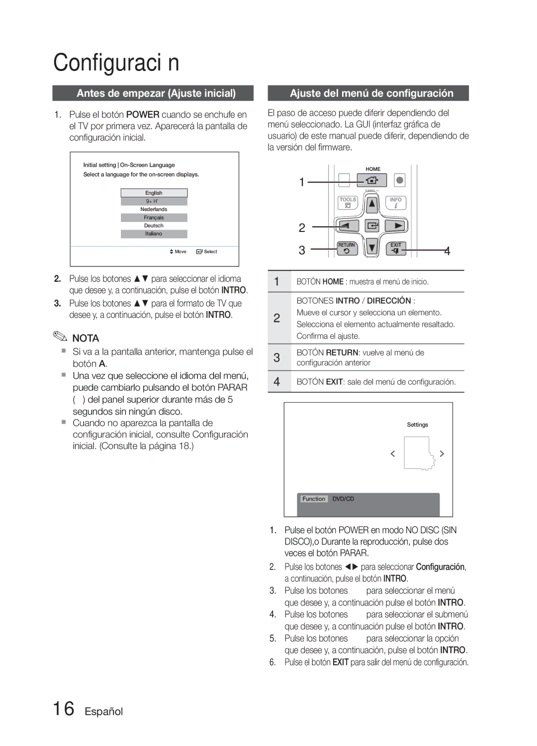 Samsung MM-E330D/ZF manual Configuración, Antes de empezar Ajuste inicial, Ajuste del menú de configuración 