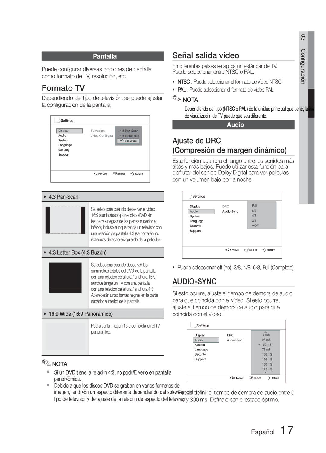 Samsung MM-E330D/ZF manual Formato TV, Señal salida vídeo, Ajuste de DRC Compresión de margen dinámico, Pantalla, Audio 