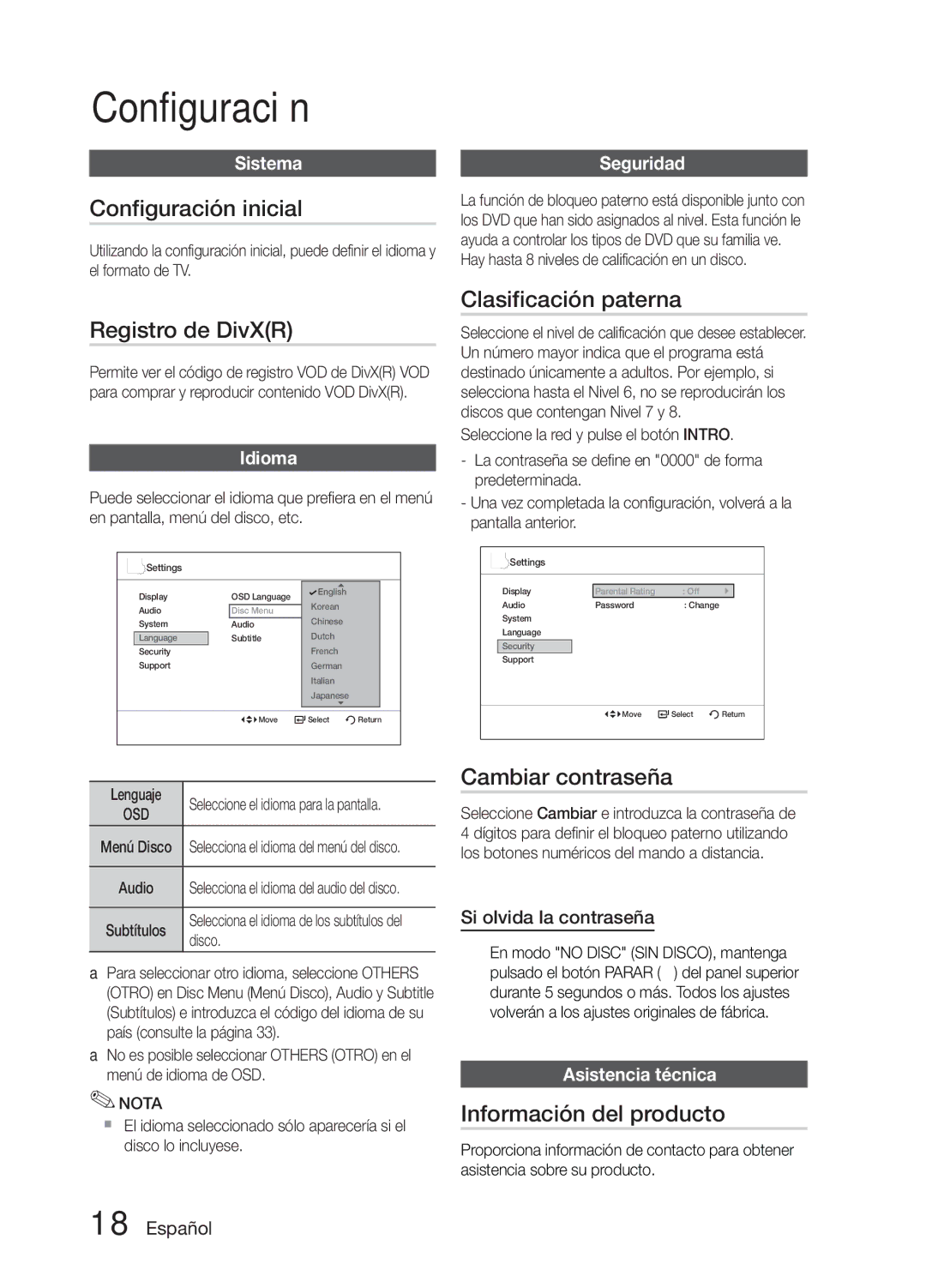 Samsung MM-E330D/ZF manual Configuración inicial, Registro de DivXR, Clasificación paterna, Cambiar contraseña 