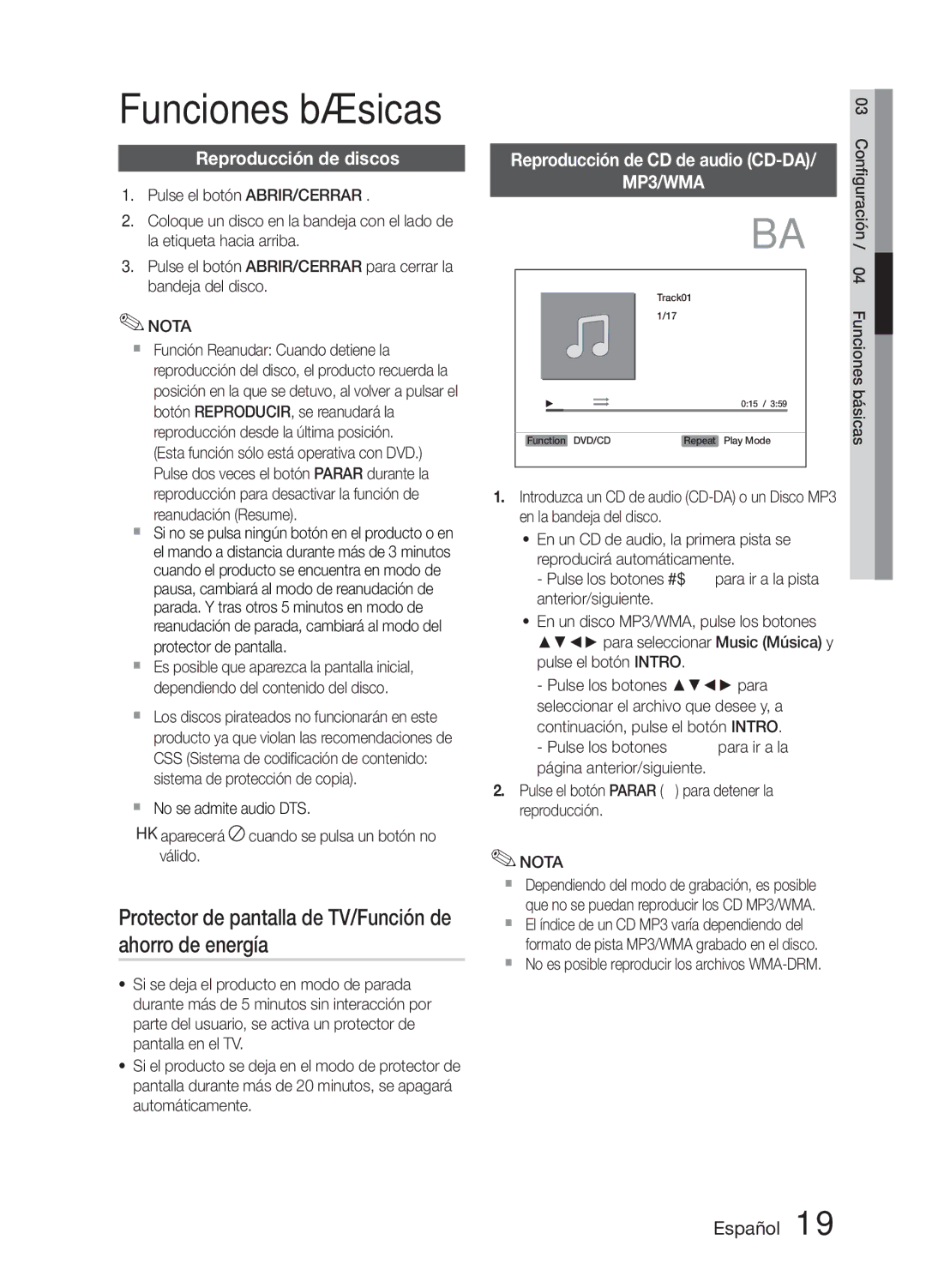 Samsung MM-E330D/ZF Funciones básicas, Protector de pantalla de TV/Función de ahorro de energía, Reproducción de discos 