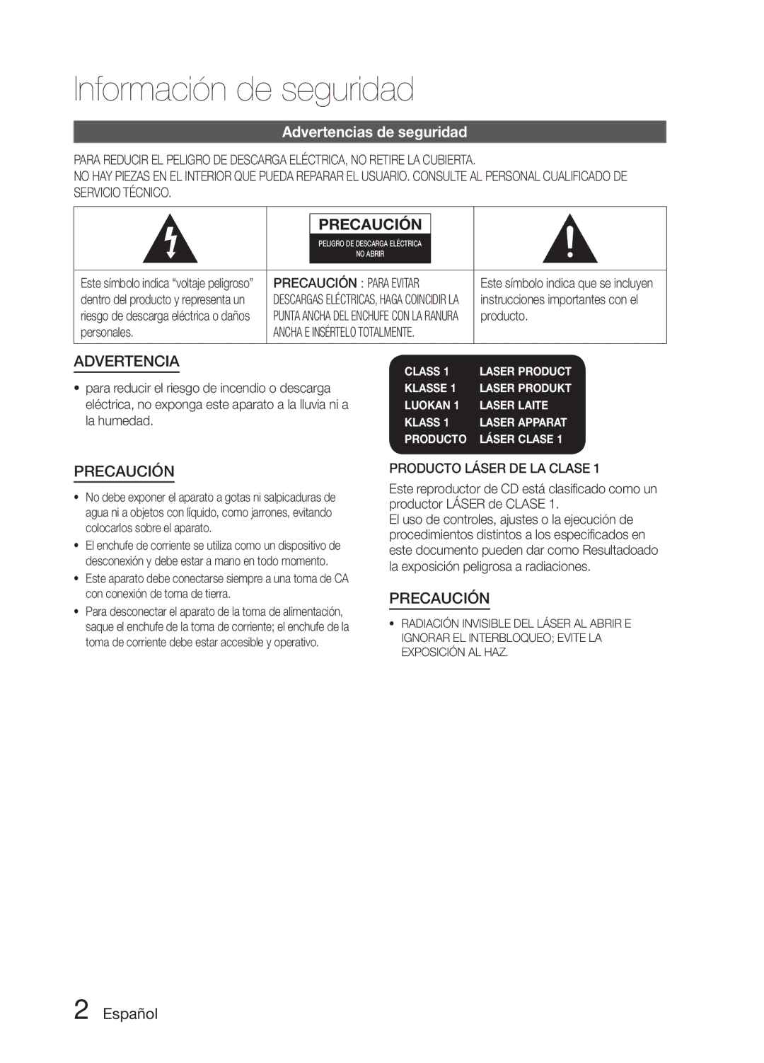 Samsung MM-E330D/ZF manual Información de seguridad, Advertencias de seguridad, Español, Producto, Personales 