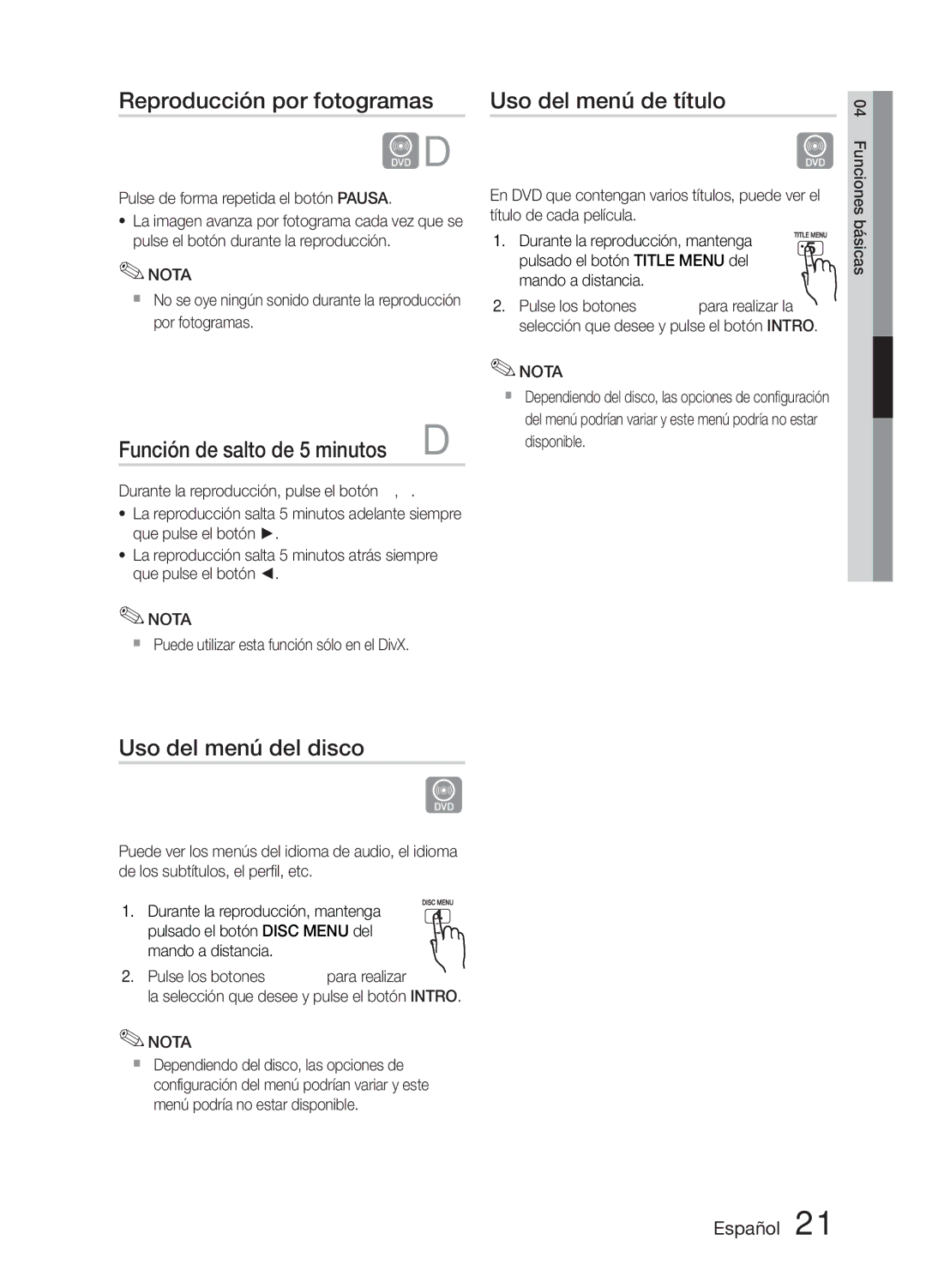 Samsung MM-E330D/ZF manual Reproducción por fotogramas, Función de salto de 5 minutos, Uso del menú de título 