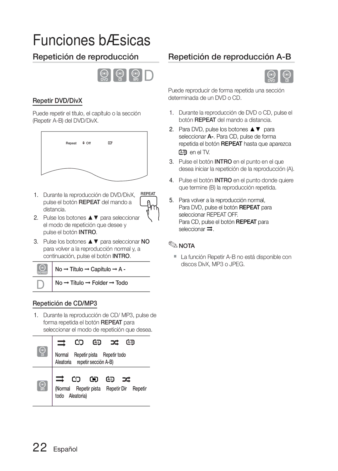 Samsung MM-E330D/ZF manual Repetición de reproducción A-B, Repetir DVD/DivX, Repetición de CD/MP3 