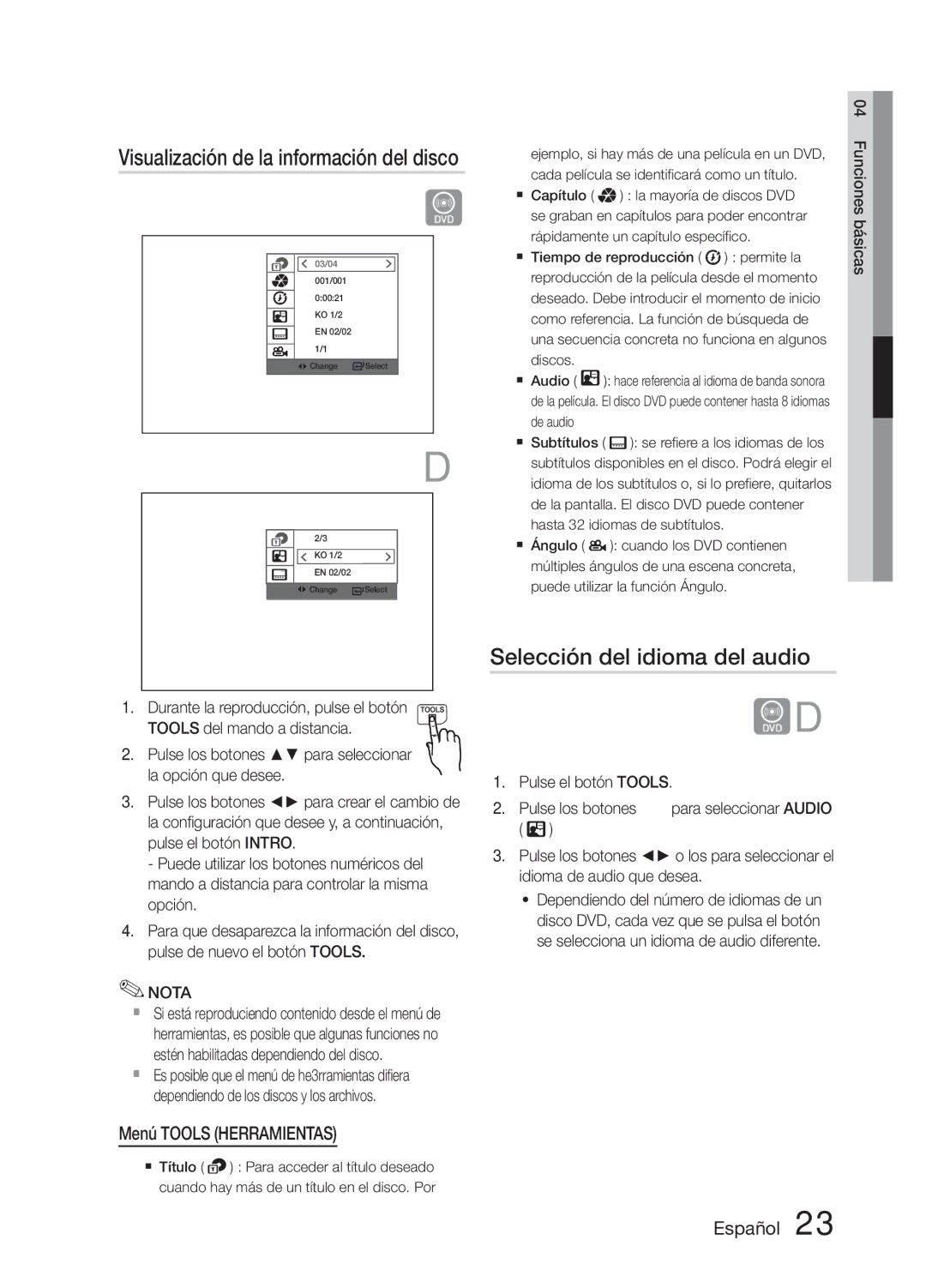 Samsung MM-E330D/ZF manual Selección del idioma del audio, Menú Tools Herramientas 