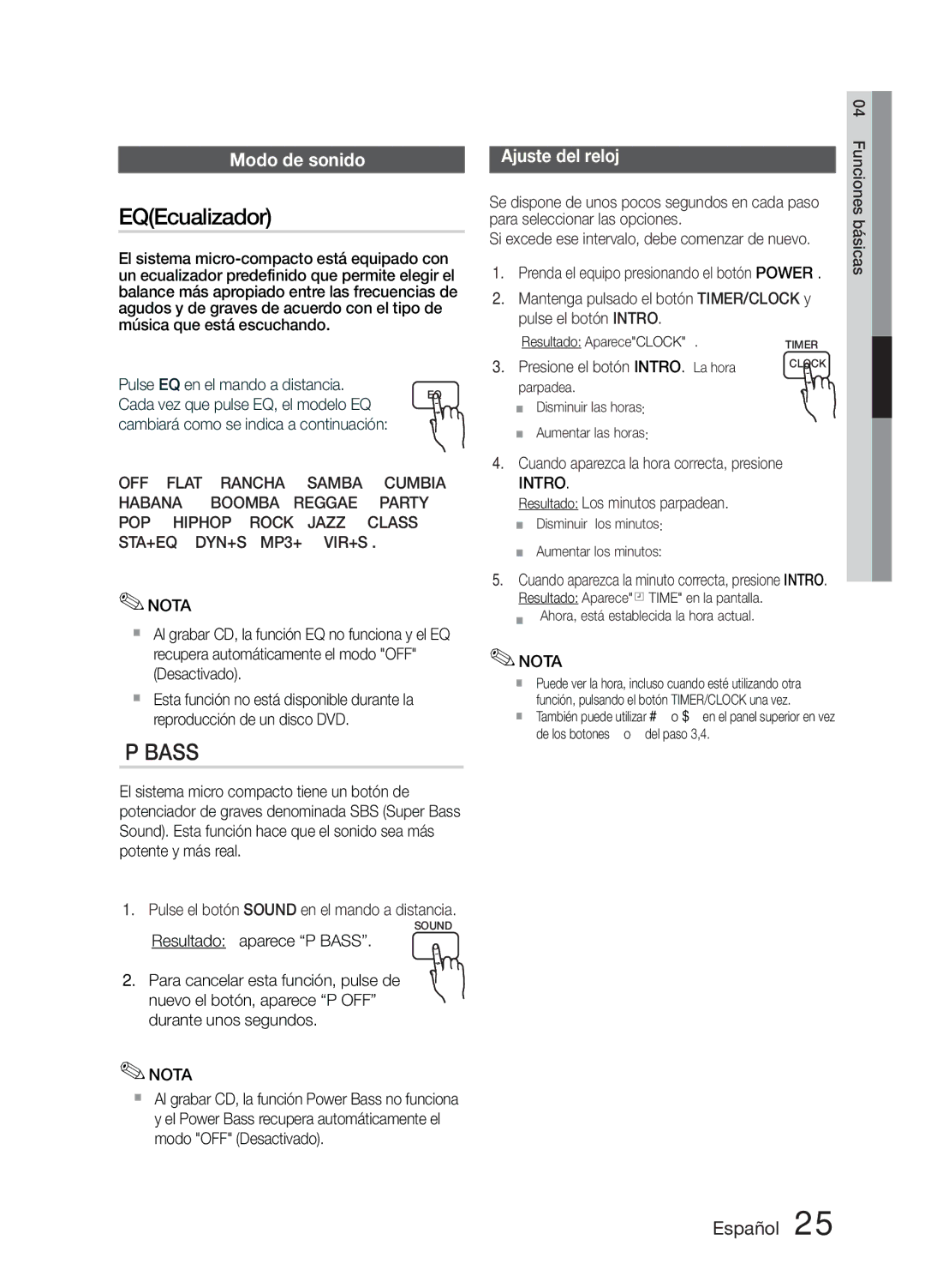 Samsung MM-E330D/ZF manual Modo de sonido, Presione el botón INTRO. La hora, Resultado Los minutos parpadean 