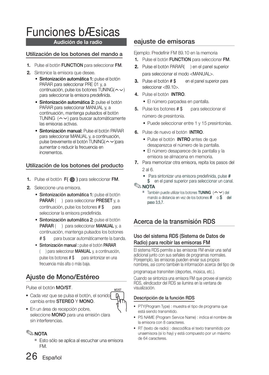 Samsung MM-E330D/ZF manual Ajuste de Mono/Estéreo, Eajuste de emisoras, Acerca de la transmisión RDS, Audición de la radio 