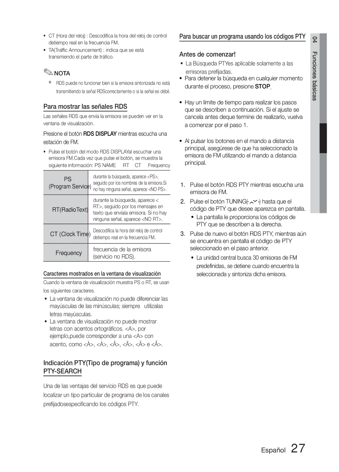 Samsung MM-E330D/ZF manual Para mostrar las señales RDS, Indicación PTYTipo de programa y función, Antes de comenzar 