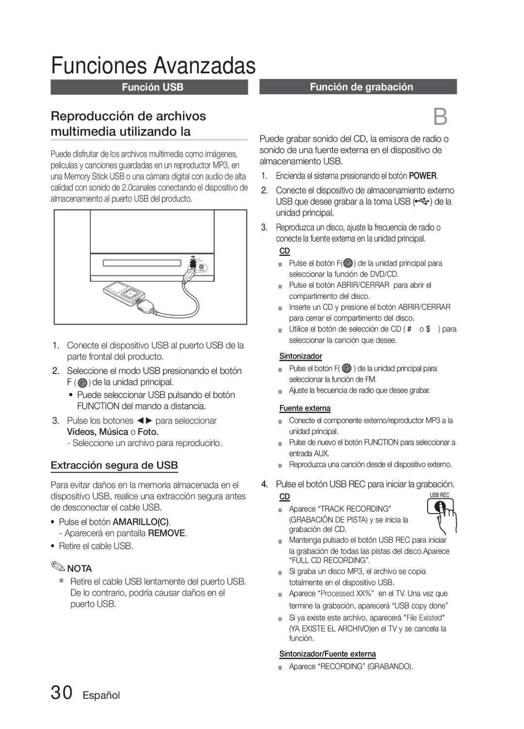 Samsung MM-E330D/ZF manual Reproducción de archivos multimedia utilizando la, Función USB, Extracción segura de USB 