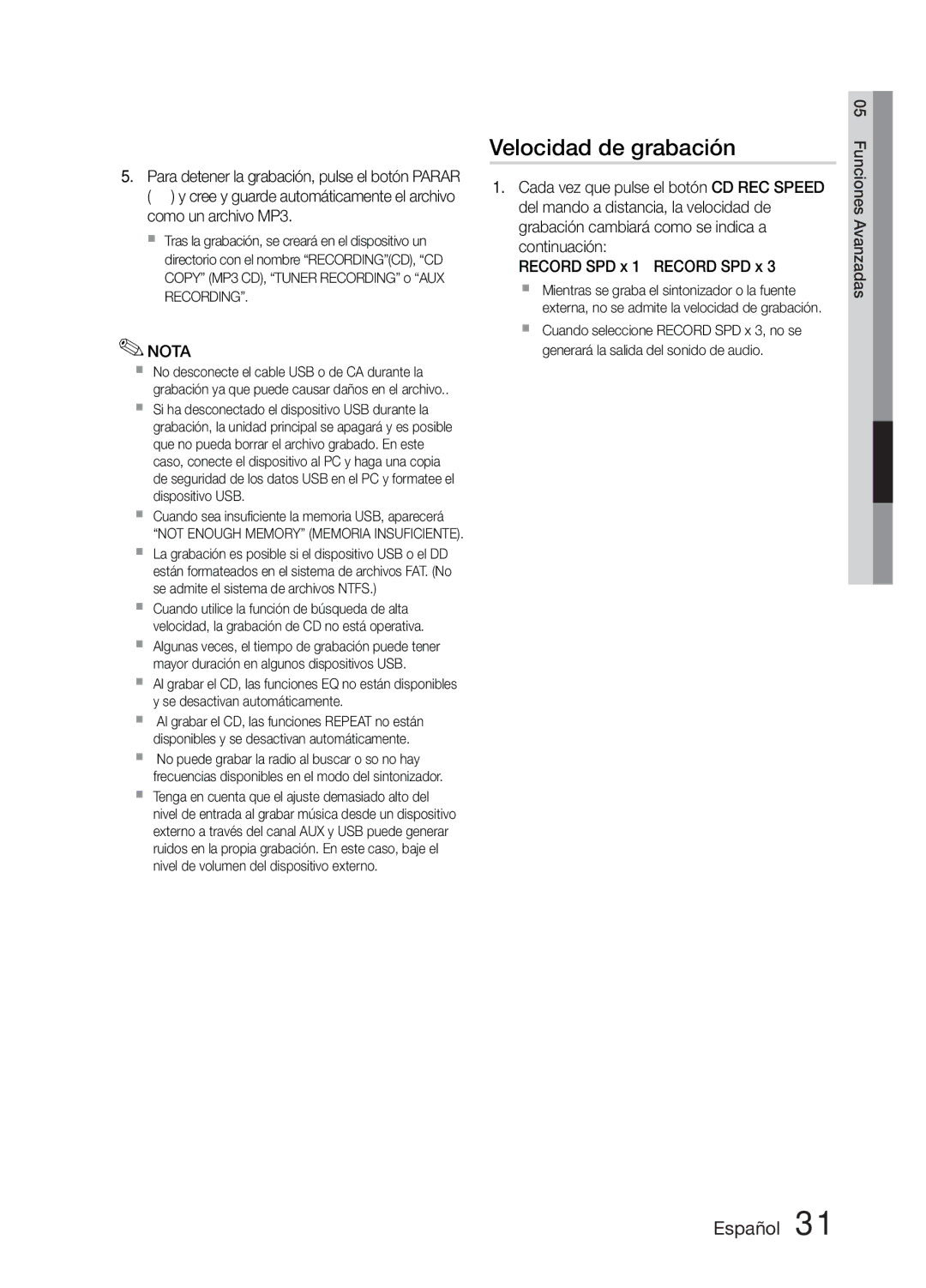 Samsung MM-E330D/ZF manual Velocidad de grabación 