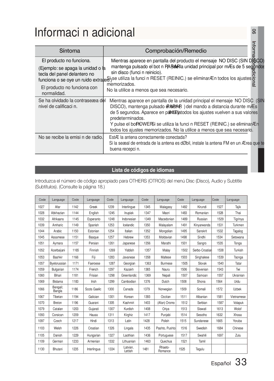 Samsung MM-E330D/ZF manual InformaciónOther Informationadicional, Lista de códigos de idiomas 