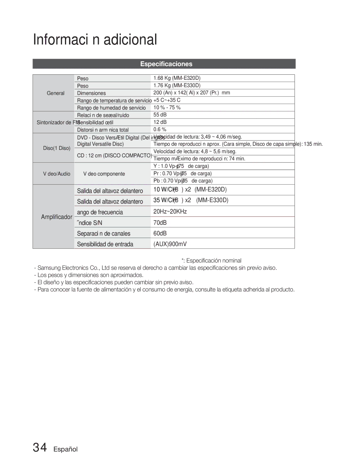 Samsung MM-E330D/ZF manual Información adicional, Especificaciones, Salida del altavoz delantero, MM-E320D 